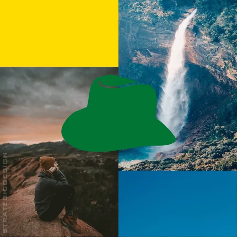 Illustration comprenant 4 cadrans, l'un avec du jaune doré, l'autre avec une cascade, l'autre avec une femme assise tout en haut d'une montagne, la dernière avec du ciel bleu, et au centre un chapeau vert foncé, pour illustrer cet article sur l'archétype de l'Aventurier