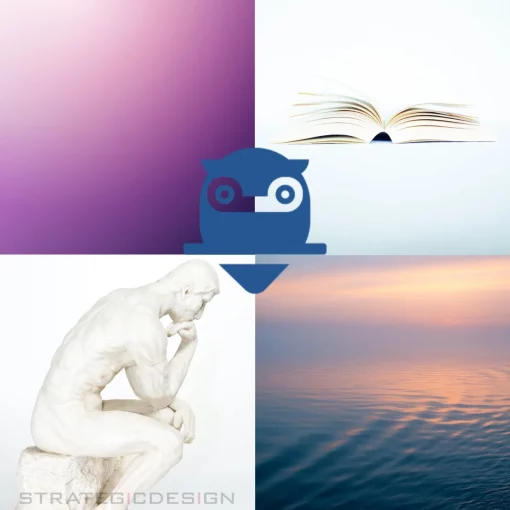 Illustration comprenant 4 cadrans, l'un avec du violet, l'autre avec un livre ouvert, l'autre avec une photo de mer tranquille, une avec une statue de penseur, et au centre un icone de chouette bleue, pour illustrer cet article sur l'archétype du Sage