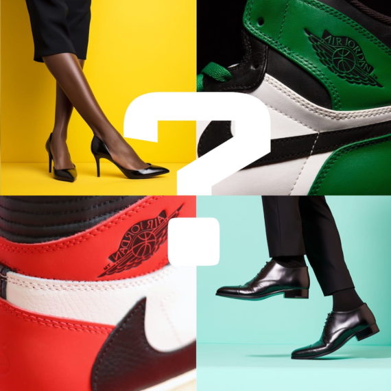 Illustration avec 4 cadrans dont 2 avec des détails de la chaussure Air Jordan de Nike, l'une rouge, l'autre verte et deux autres cadrans, l'un avec les jambes d'une femmes en talons hauts noirs sur un fond jaune clair, et l'autre des jambes d'un homme en chaussures de ville noire sur un fond turquoise