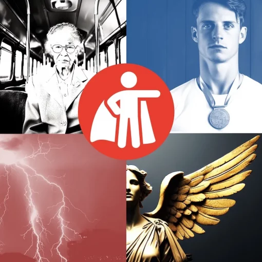 Collage de 5 images illustrant l'archétype de marque du héros : rosa parks assise dans le bus, un athlète avec une médaille d'or autour du cou, une aile de Niké, la déesse de la victoire, de la foudre, un rond rouge avec en son centre un icone de super héros.