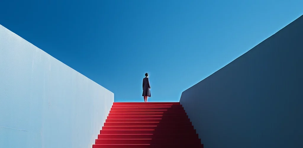 llustration : une personne tout en haut d'un escalier rouge qui donne sur un ciel parfaitement bleu pour illustrer le fait que Strategic Design, créée par Agnès Broc, accompagnes les entreprises dans leurs opportunités de croissance