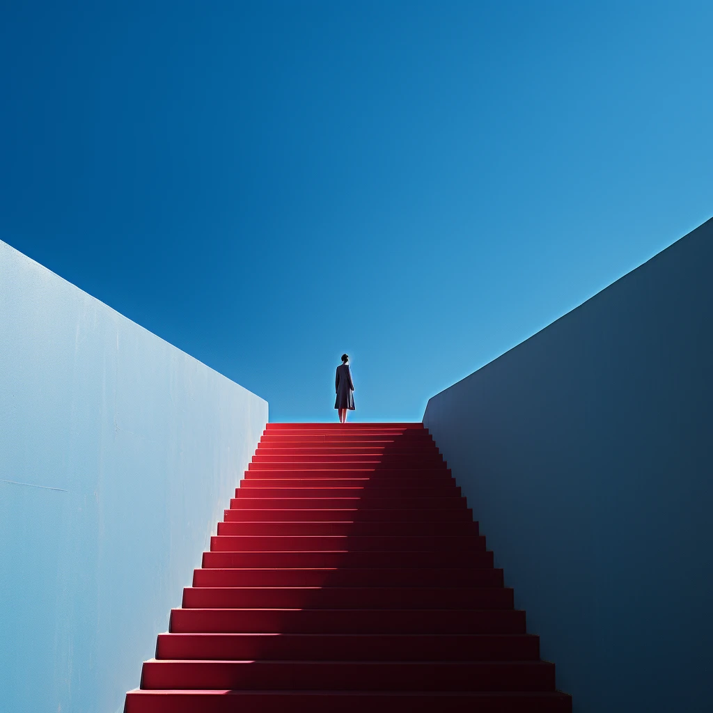 llustration : une personne tout en haut d'un escalier rouge qui donne sur un ciel parfaitement bleu pour illustrer le fait que Strategic Design, créée par Agnès Broc, accompagnes les entreprises dans leurs opportunités de croissance