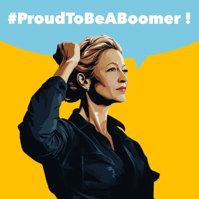 Illustration représentant Agnès Broc, fondatrice et directrice de Strategic Design, avec le hashtag "Proudtobeaboomer"