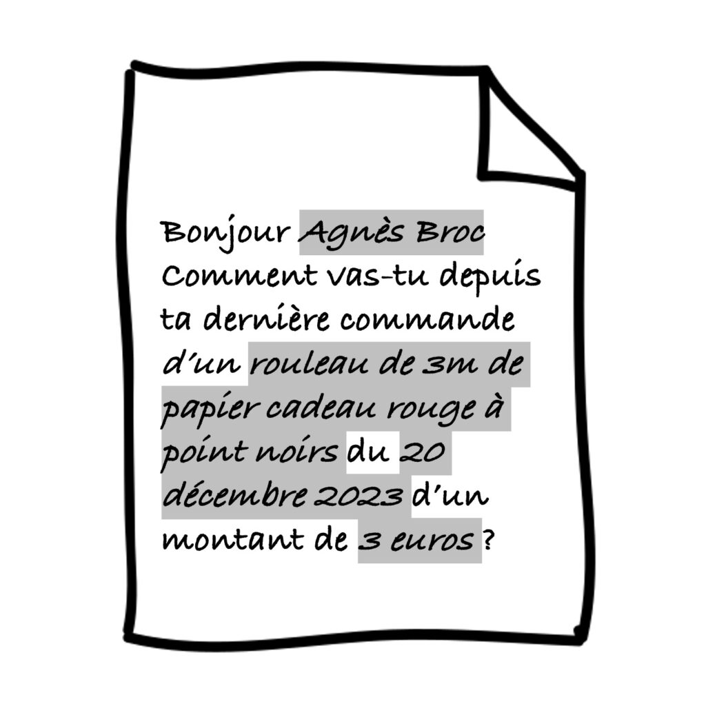 Dessin d'une page avec du texte fixe et des champs personnalisés