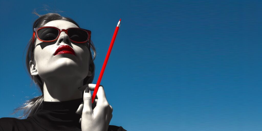 Photo d'une femme avec un stylo rouge pour illustrer l'atelier de Strategic Design sur le thème "Écrire un pitch commercial impactant & convaincant"